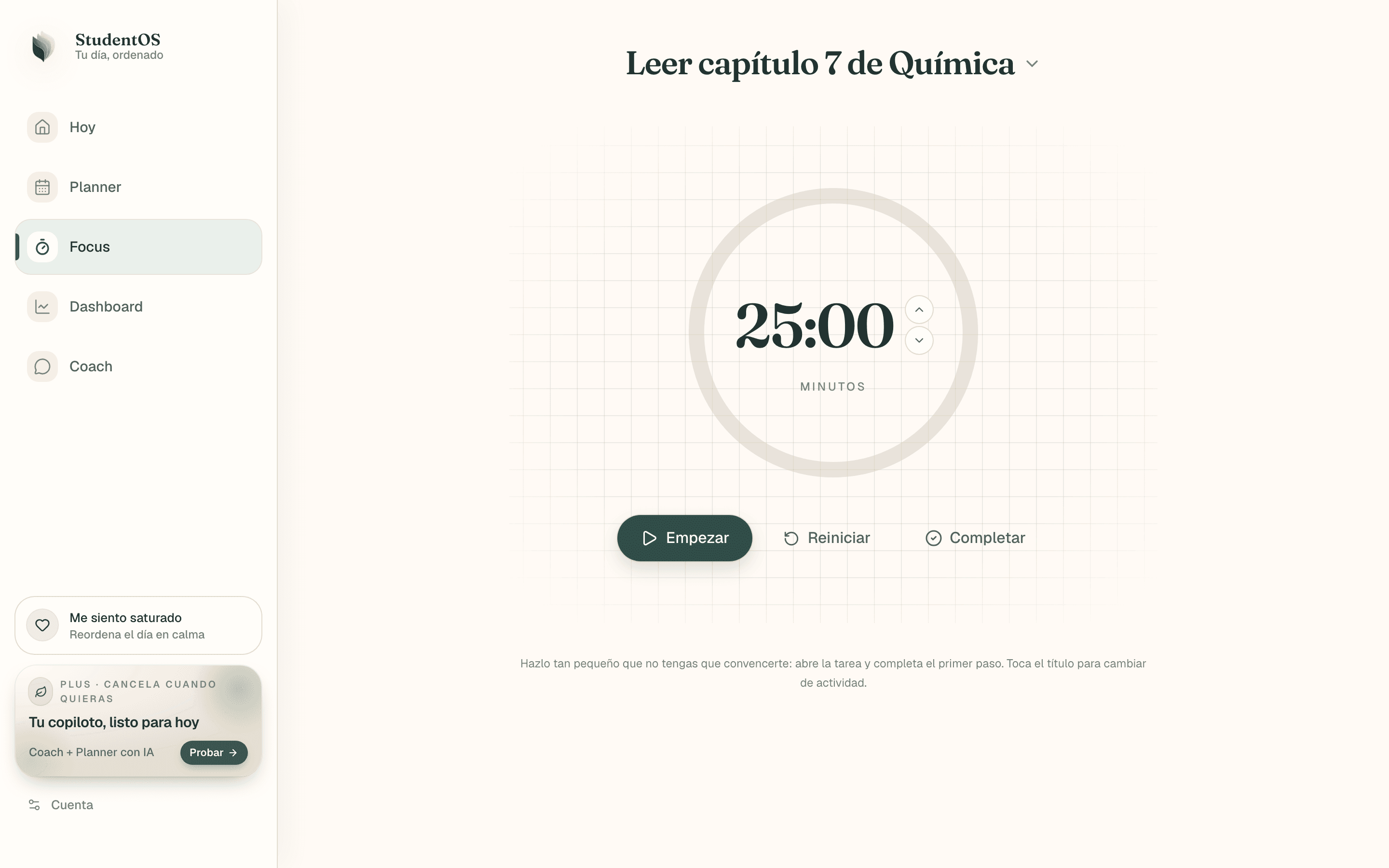 Focus de StudentOS: temporizador de 25 minutos sobre la tarea elegida