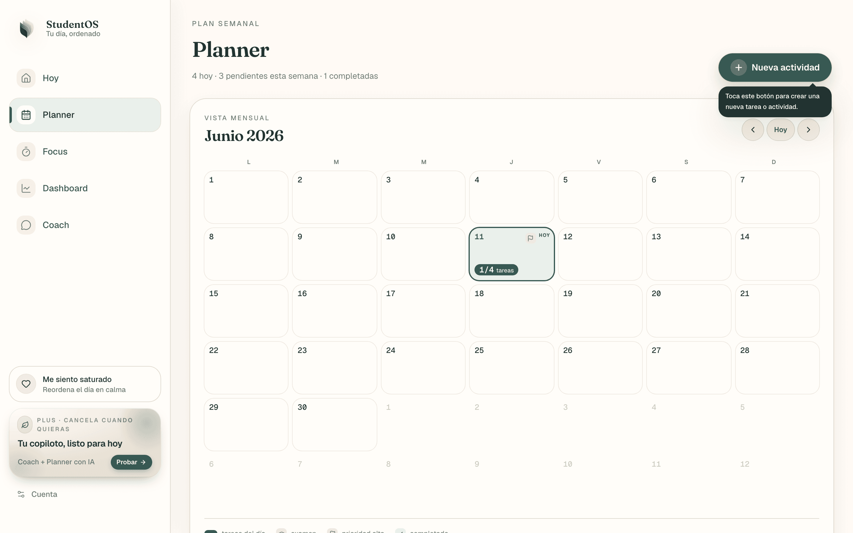 Planner real de StudentOS con el calendario mensual
