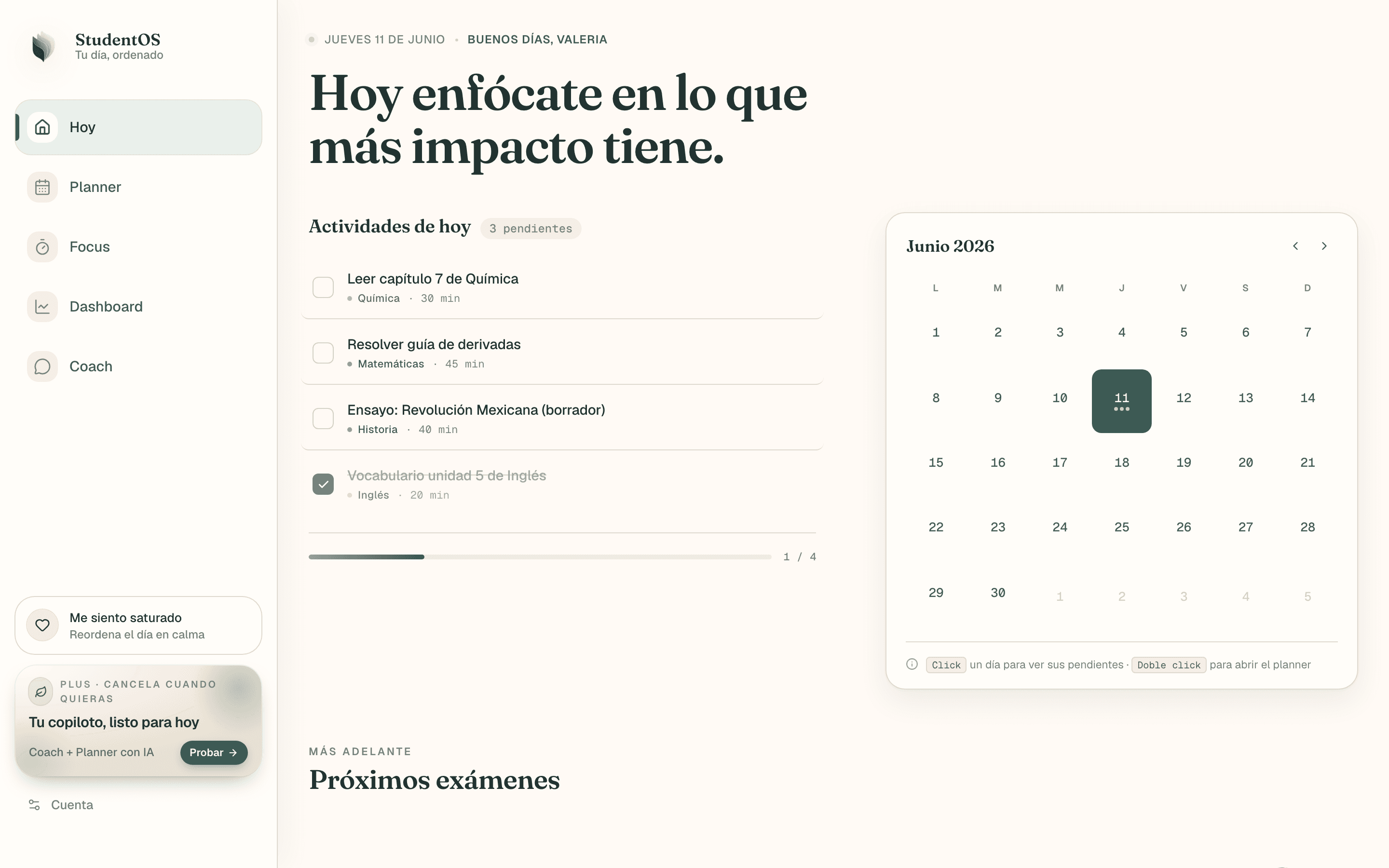 Pantalla Hoy de StudentOS: plan del día con actividades priorizadas
